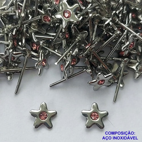 BRINCO EM AÇO INOXIDÁVEL - BRINCO DE PINO ESTRELA COM ZIRCÔNIA ROSA 6MM  - (CX.116)  COMPOSIÇÃO: AÇO INOXIDÁVEL - AÇO1895