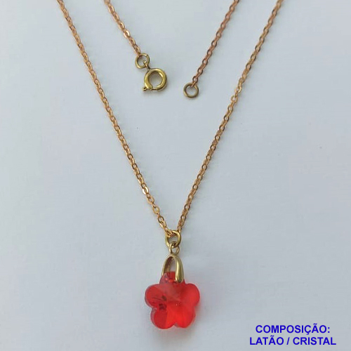 GARGANTILHA NO BRUTO PRONTA PARA O BANHO(CX115) - GARGANTILHA COM CORRENTE CADEADO 45CM E PINGENTE FLOR EM CRISTAL VERMELHO 13X13MM - PESO TOTAL 3GR - BRU14659