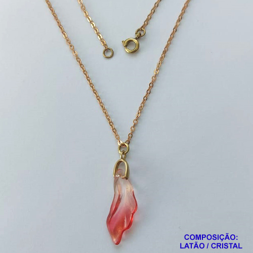 GARGANTILHA NO BRUTO PRONTA PARA O BANHO(CX115) - GARGANTILHA COM CORRENTE CADEADO 45CM E PINGENTE FOLHA EM CRISTAL VERMELHO 9X26MM - PESO TOTAL 3,1GR - BRU14660