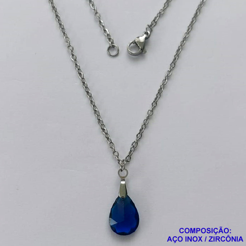 GARGANTILHA EM AÇO INOXIDÁVEL - (AÇO03) GARGANTILHA COM CORRENTE 50CM E PINGENTE EM ZIRCÔNIA AZUL ESCURA 10X14MM - COMPOSIÇÃO: AÇO INOXIDÁVEL / ZIRCÔNIA - AÇO1902