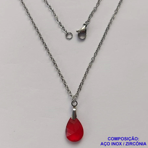 GARGANTILHA EM AÇO INOXIDÁVEL - (AÇO03) GARGANTILHA COM CORRENTE 50CM E PINGENTE EM ZIRCÔNIA VERMELHA 10X14MM - COMPOSIÇÃO: AÇO INOXIDÁVEL / ZIRCÔNIA - AÇO1903