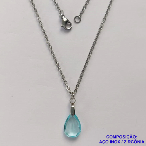 GARGANTILHA EM AÇO INOXIDÁVEL - (AÇO03) GARGANTILHA COM CORRENTE 50CM E PINGENTE EM ZIRCÔNIA AZUL CLARA 10X14MM - COMPOSIÇÃO: AÇO INOXIDÁVEL / ZIRCÔNIA - AÇO1904