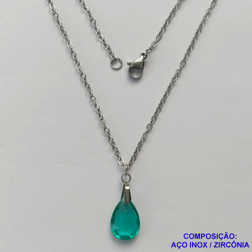 GARGANTILHA EM AÇO INOXIDÁVEL - (AÇO03) GARGANTILHA COM CORRENTE 50CM E PINGENTE EM ZIRCÔNIA VERDE 10X14MM - COMPOSIÇÃO: AÇO INOXIDÁVEL / ZIRCÔNIA - AÇO1905