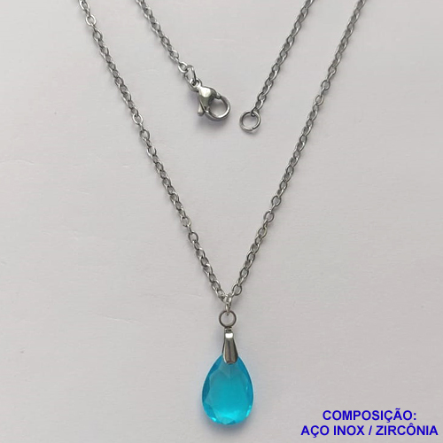 GARGANTILHA EM AÇO INOXIDÁVEL - (AÇO03) GARGANTILHA COM CORRENTE 50CM E PINGENTE EM ZIRCÔNIA AZUL 10X14MM - COMPOSIÇÃO: AÇO INOXIDÁVEL / ZIRCÔNIA - AÇO1907