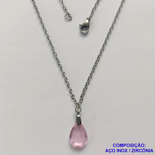 GARGANTILHA EM AÇO INOXIDÁVEL - (AÇO03) GARGANTILHA COM CORRENTE 50CM E PINGENTE EM ZIRCÔNIA ROSA 10X14MM - COMPOSIÇÃO: AÇO INOXIDÁVEL / ZIRCÔNIA - AÇO1908