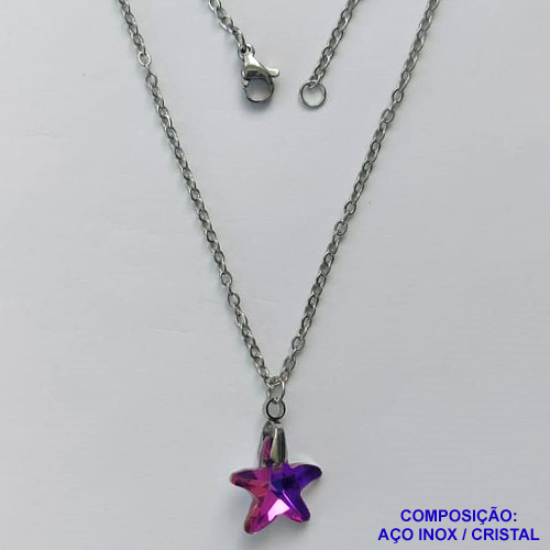 GARGANTILHA EM AÇO INOXIDÁVEL - (AÇO03) (CX.118)  GARGANTILHA COM CORRENTE 50CM E PINGENTE ESTRELA EM CRISTAL ROXO 14MM - COMPOSIÇÃO: AÇO INOXIDÁVEL / CRISTAL - AÇO1910
