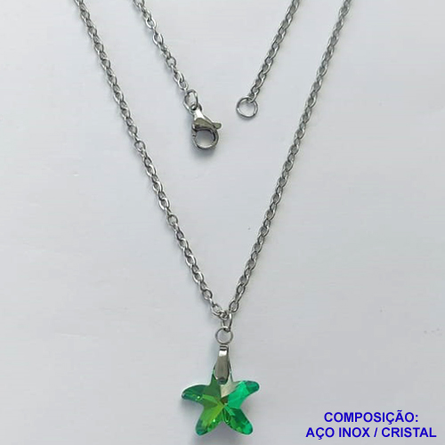 GARGANTILHA EM AÇO INOXIDÁVEL - (AÇO03) (CX.118)  GARGANTILHA COM CORRENTE 50CM E PINGENTE ESTRELA EM CRISTAL VERDE 14MM - COMPOSIÇÃO: AÇO INOXIDÁVEL / CRISTAL - AÇO1911