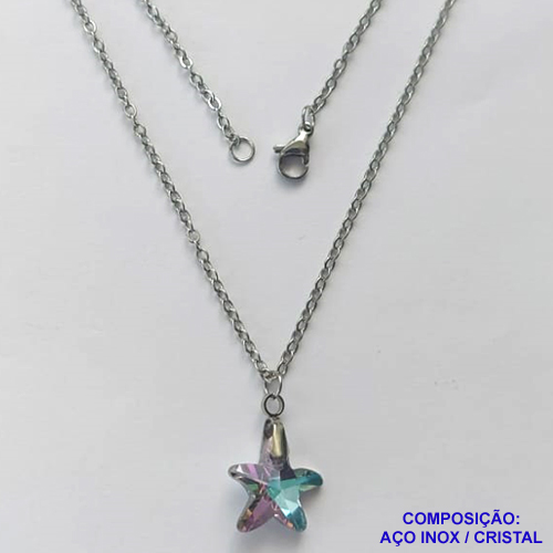 GARGANTILHA EM AÇO INOXIDÁVEL - (AÇO03)  (CX.118) GARGANTILHA COM CORRENTE 50CM E PINGENTE ESTRELA EM CRISTAL ROSA E AZUL 14MM - COMPOSIÇÃO: AÇO INOXIDÁVEL / CRISTAL - AÇO1912