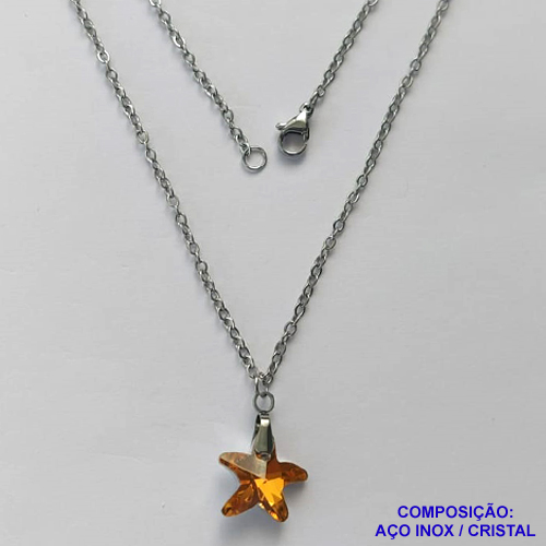 GARGANTILHA EM AÇO INOXIDÁVEL - (AÇO03) (CX.118)  GARGANTILHA COM CORRENTE 50CM E PINGENTE ESTRELA EM CRISTAL AMARELA 14MM - COMPOSIÇÃO: AÇO INOXIDÁVEL / CRISTAL - AÇO1913