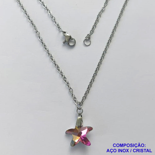 GARGANTILHA EM AÇO INOXIDÁVEL - (AÇO03) (CX.118)  GARGANTILHA COM CORRENTE 50CM E PINGENTE ESTRELA EM CRISTAL PINK 14MM - COMPOSIÇÃO: AÇO INOXIDÁVEL / CRISTAL - AÇO1914