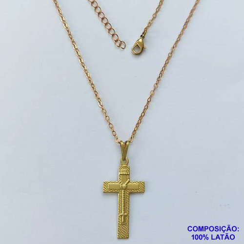 GARGANTILHA NO BRUTO PRONTA PARA O BANHO - (CX.19)  GARGANTILHA COM CORRENTE CADEADO 45CM (3.388) PINGENTE CRUCIFIXO 14X28MM - PESO TOTAL 2,4GR - BRU14673