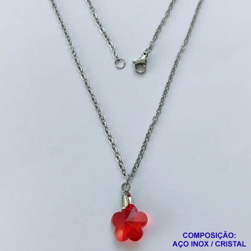 GARGANTILHA EM AÇO INOXIDÁVEL - (AÇO03) (CX.116)  GARGANTILHA COM CORRENTE 50CM E PINGENTE FLOR EM CRISTAL VERMELHO 13MM - COMPOSIÇÃO: AÇO INOXIDÁVEL / CRISTAL - AÇO1915