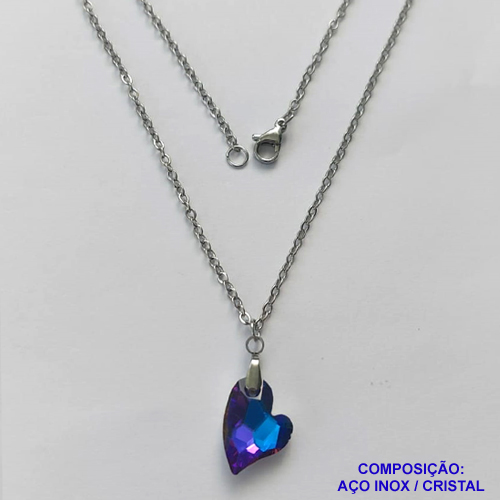 GARGANTILHA EM AÇO INOXIDÁVEL - (AÇO03) (CX.116)  GARGANTILHA COM CORRENTE 50CM E PINGENTE CORAÇÃO EM CRISTAL ROXO / AZUL 15MM - COMPOSIÇÃO: AÇO INOXIDÁVEL - AÇO1923