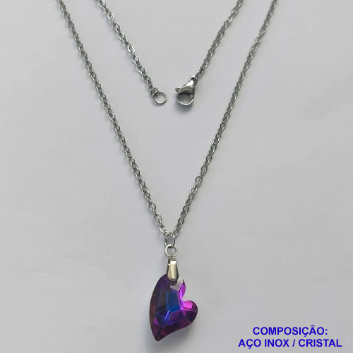 GARGANTILHA EM AÇO INOXIDÁVEL - (AÇO03) (CX.116)  GARGANTILHA COM CORRENTE 50CM E PINGENTE CORAÇÃO EM CRISTAL ROSA / ROXO 15MM - COMPOSIÇÃO: AÇO INOXIDÁVEL - AÇO1925