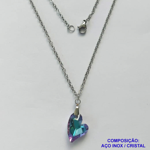 GARGANTILHA EM AÇO INOXIDÁVEL - (AÇO03) (CX.116)  GARGANTILHA COM CORRENTE 50CM E PINGENTE CORAÇÃO EM CRISTAL AZUL / LILÁS 15MM - COMPOSIÇÃO: AÇO INOXIDÁVEL - AÇO1927