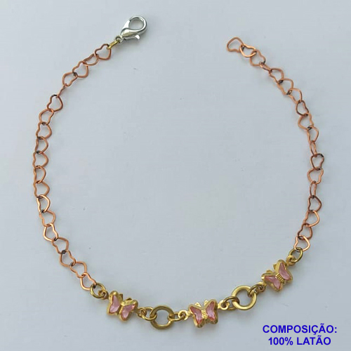 PULSEIRA NO BRUTO PRONTO PARA O BANHO - (CX.39)  PULSEIRA 18CM COM BORBOLETAS ROSAS - COMPOSIÇÃO: 100% LATÃO - PESO TOTAL 1,8GR - BRU14690