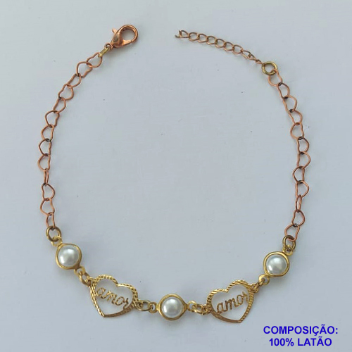 PULSEIRA NO BRUTO PRONTO PARA O BANHO - (CX.39)  PULSEIRA 18CM COM PÉROLAS E CORAÇÃO VAZADO COM PALAVRA AMOR - COMPOSIÇÃO: 100% LATÃO - PESO TOTAL 1,6GR - BRU14693