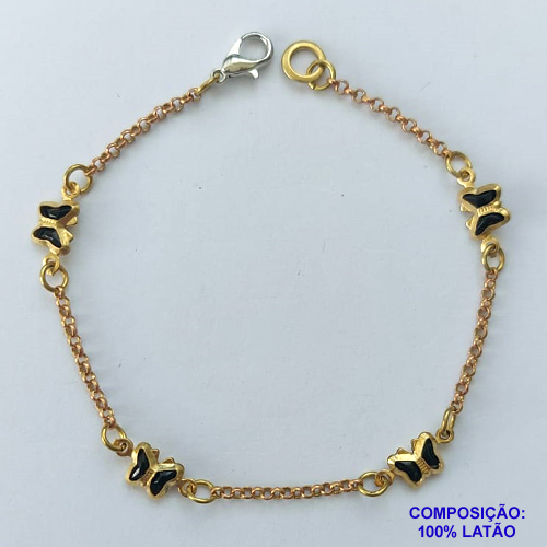 PULSEIRA NO BRUTO PRONTO PARA O BANHO - (CX.117)  PULSEIRA 18CM COM BORBOLETAS PRETAS - COMPOSIÇÃO: 100% LATÃO - PESO TOTAL 1,7GR - BRU14695