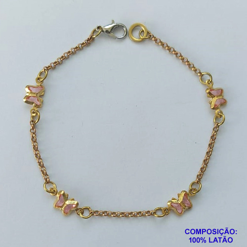 PULSEIRA NO BRUTO PRONTO PARA O BANHO - (CX.39)  PULSEIRA 18CM COM BORBOLETAS ROSAS - COMPOSIÇÃO: 100% LATÃO - PESO TOTAL 1,7GR - BRU14696