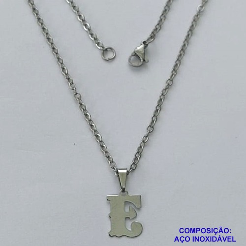 GARGANTILHA EM AÇO INOXIDÁVEL - (AÇO03) GARGANTILHA COM CORRENTE 50CM E PINGENTE LETRA E 9MM - COMPOSIÇÃO: AÇO INOXIDÁVEL - AÇO1928