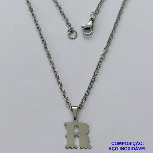 GARGANTILHA EM AÇO INOXIDÁVEL - (AÇO03) (CX.118)  GARGANTILHA COM CORRENTE 50CM E PINGENTE LETRA R 10MM - COMPOSIÇÃO: AÇO INOXIDÁVEL - AÇO1929