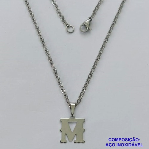 GARGANTILHA EM AÇO INOXIDÁVEL - (AÇO03) (CX.118)  GARGANTILHA COM CORRENTE 50CM E PINGENTE LETRA M 11MM - COMPOSIÇÃO: AÇO INOXIDÁVEL - AÇO1930