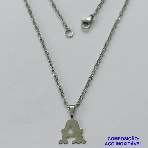 GARGANTILHA EM AÇO INOXIDÁVEL - (AÇO03) (CX.118)  GARGANTILHA COM CORRENTE 50CM E PINGENTE LETRA A 11MM - COMPOSIÇÃO: AÇO INOXIDÁVEL - AÇO1934