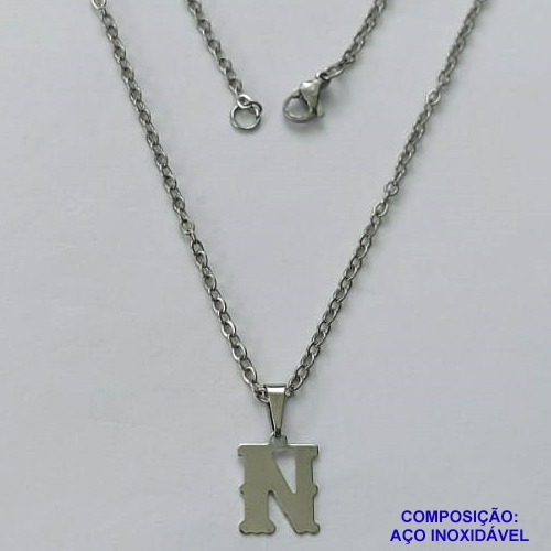 GARGANTILHA EM AÇO INOXIDÁVEL - (AÇO03) cx.118)  GARGANTILHA COM CORRENTE 50CM E PINGENTE LETRA N 10MM - COMPOSIÇÃO: AÇO INOXIDÁVEL - AÇO1935