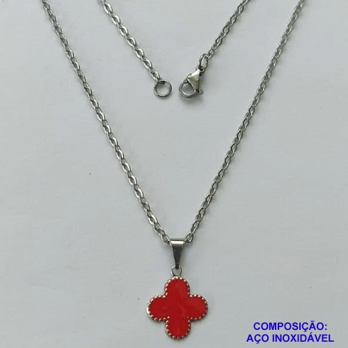 GARGANTILHA EM AÇO INOXIDÁVEL -  (CX.118)  GARGANTILHA COM CORRENTE 42CM E PINGENTE VAN CLEEF VERMELHO 11MM - COMPOSIÇÃO: AÇO INOXIDÁVEL - AÇO1937