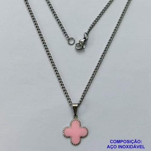 GARGANTILHA EM AÇO INOXIDÁVEL -  (CX.118)  GARGANTILHA COM CORRENTE 42CM E PINGENTE VAN CLEEF ROSA 11MM - COMPOSIÇÃO: AÇO INOXIDÁVEL - AÇO1940