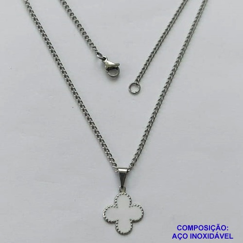 GARGANTILHA EM AÇO INOXIDÁVEL - (CX.118)   GARGANTILHA COM CORRENTE 42CM E PINGENTE VAN CLEEF BRANCO 11MM - COMPOSIÇÃO: AÇO INOXIDÁVEL - AÇO1941