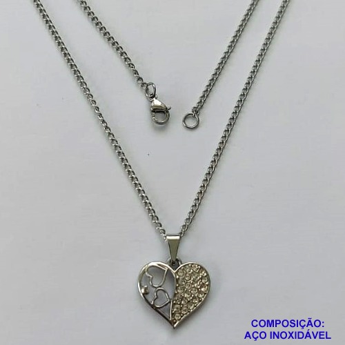 GARGANTILHA EM AÇO INOXIDÁVEL -  (CX.118)  GARGANTILHA COM CORRENTE 42CM E PINGENTE CORAÇÃO VAZADO COM MICRO ZIRCÔNIAS 16MM - COMPOSIÇÃO: AÇO INOXIDÁVEL - AÇO1942