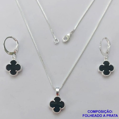 CONJUNTO FOLHEADO A PRATA COM 50 MILÉSIMOS  + VERNIZ DIAMOND CORRENTE VENEZIANA 45CM PINGENTE TREVO PRETO 10MM E  BRINCOS COM ARGOLA DE PRESSÃO TREVO PRETO 10MM PRA316