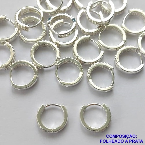 BRINCO FOLHEADA A PRATA COM 50 MILÉSIMOS + VERNIZ DIAMOND - BRINCO ARGOLA COM 2 FILEIRAS DE MICRO ZIRCÔNIAS 10MM PRA328