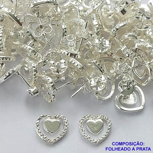 BRINCO FOLHEADA A PRATA COM 50 MILÉSIMOS + VERNIZ DIAMOND - BRINCO DE PINO CORAÇÃO 6MM PRA329