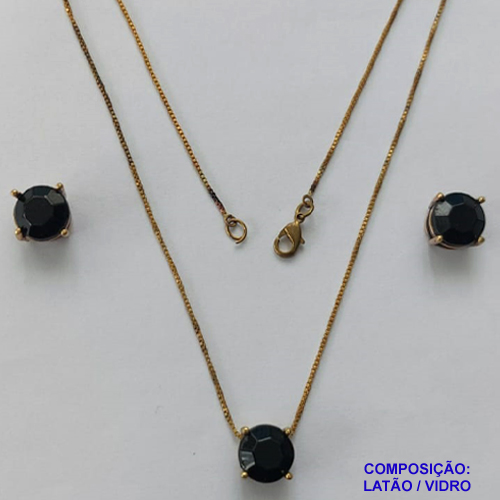 CONJUNTO NO BRUTO PRONTO PARA O BANHO - CORRENTE VENEZIANA 45CM E PINGENTE E BRINCOS COM BASE EM ALTA FUSÃO E PEDRA EM VIDRO PRETO 10X10MM - PESO TOTAL 6,8GR - BRU14699