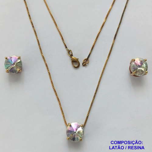 CONJUNTO NO BRUTO PRONTO PARA O BANHO - CORRENTE VENEZIANA 45CM E PINGENTE E BRINCOS COM BASE EM ALTA FUSÃO E PEDRA EM RESINA CRISTAL 10X10MM - PESO TOTAL 5,7GR - BRU14704