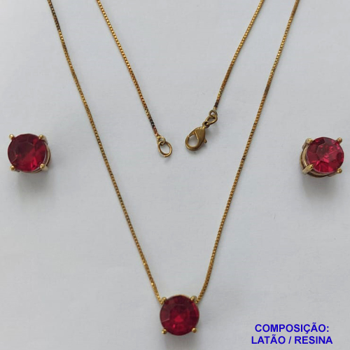 CONJUNTO NO BRUTO PRONTO PARA O BANHO - CORRENTE VENEZIANA 45CM E PINGENTE E BRINCOS COM BASE EM ALTA FUSÃO E PEDRA EM RESINA ROSA 10X10MM - PESO TOTAL 5,7GR - BRU14705