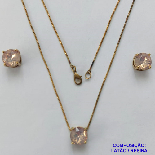 CONJUNTO NO BRUTO PRONTO PARA O BANHO - CORRENTE VENEZIANA 45CM E PINGENTE E BRINCOS COM BASE EM ALTA FUSÃO E PEDRA EM RESINA BEGE 10X10MM - PESO TOTAL 5,7GR - BRU14706