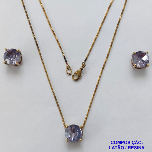 CONJUNTO NO BRUTO PRONTO PARA O BANHO - CORRENTE VENEZIANA 45CM E PINGENTE E BRINCOS COM BASE EM ALTA FUSÃO E PEDRA EM RESINA LILÁS 10X10MM - PESO TOTAL 5,7GR - BRU14707