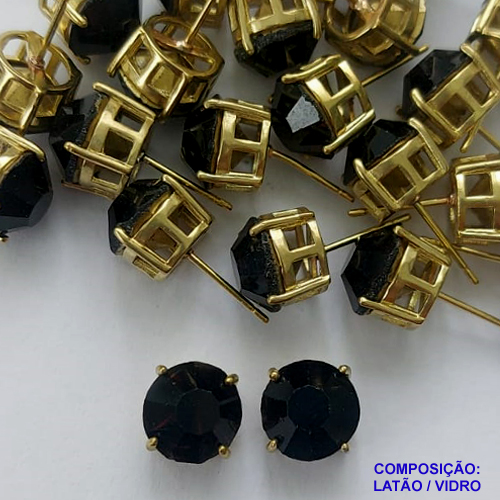 BRINCO NO BRUTO PRONTO PARA O BANHO - BRINCOS DE PINO COM BASE EM ALTA FUSÃO E PEDRA EM VIDRO PRETO BRILHANTE 10X10MM - PESO TOTAL 3,2GR - BRU14718