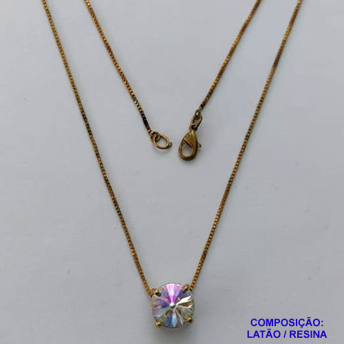GARGANTILHA NO BRUTO PRONTO PARA O BANHO - GARGANTILHA COM PINGENTE BASE EM ALTA FUSÃO E PEDRA EM RESINA CRISTAL 10X10MM - PESO TOTAL 2,6GR - BRU14721
