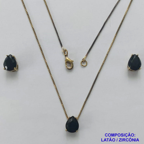 CONJUNTO NO BRUTO PRONTO PARA O BANHO - CONJUNTO COM BRINCOS DE PINO E PINGENTE BASE EM ALTA FUSÃO E PEDRA EM ZIRCÔNIA PRETA 8X10MM - PESO TOTAL 4,8GR - BRU14729