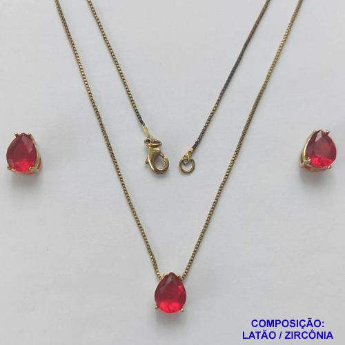 CONJUNTO NO BRUTO PRONTO PARA O BANHO - CONJUNTO COM BRINCOS DE PINO E PINGENTE BASE EM ALTA FUSÃO E PEDRA EM ZIRCÔNIA VERMELHA 8X10MM - PESO TOTAL 4,8GR - BRU14731