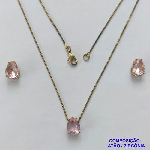 CONJUNTO NO BRUTO PRONTO PARA O BANHO - CONJUNTO COM BRINCOS DE PINO E PINGENTE BASE EM ALTA FUSÃO E PEDRA EM ZIRCÔNIA ROSA 8X10MM - PESO TOTAL 4,8GR - BRU14732