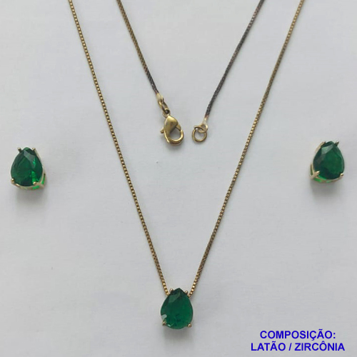 CONJUNTO NO BRUTO PRONTO PARA O BANHO - CONJUNTO COM BRINCOS DE PINO E PINGENTE BASE EM ALTA FUSÃO E PEDRA EM ZIRCÔNIA VERDE 8X10MM - PESO TOTAL 4,8GR - BRU14734