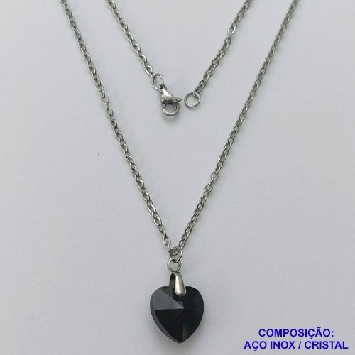 GARGANTILHA EM AÇO INOXIDÁVEL - (CX.118)   GARGANTILHA COM CORRENTE (03) 50CM E PINGENTE+ CORAÇÃO CRISTAL PRETO 13MM - COMPOSIÇÃO: AÇO INOXIDÁVEL - AÇO1944