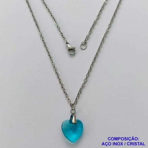 GARGANTILHA EM AÇO INOXIDÁVEL -  (CX.118)  GARGANTILHA COM CORRENTE (03) 50CM E PINGENTE+ CORAÇÃO CRISTAL AZUL 13MM - COMPOSIÇÃO: AÇO INOXIDÁVEL - AÇO1945