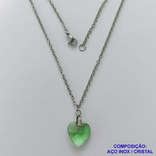 GARGANTILHA EM AÇO INOXIDÁVEL -  (CX.118)  GARGANTILHA COM CORRENTE (03) 50CM E PINGENTE+ CORAÇÃO CRISTAL VERDE 13MM - COMPOSIÇÃO: AÇO INOXIDÁVEL - AÇO1946
