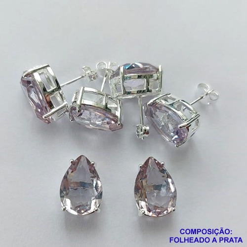 BRINCO FOLHEADA A PRATA COM 50 MILÉSIMOS + VERNIZ DIAMOND - BRINCO DE PINO BASE ALTA FUSÃO CRISTAL 10X14MM PRA344